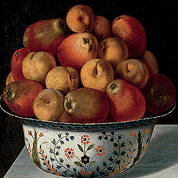 
      Tomás Hiepes (or Yepes) / 1595, birthplace unknown – 1674, Valencia / Two fruit bowls on a table (Dos fruteros sobre una mesa) 1642 / Oil on canvas / P7910 / Collection: Museo Nacional del Prado
    