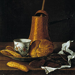 
      Luis Meléndez / 1716, Naples – 1780, Madrid / Still life with chocolate service (Bodegón: servicio de chocolate) 1770 / Oil on canvas / 48 x 36 cm / P929 / Collection: Museo Nacional del Prado
    
